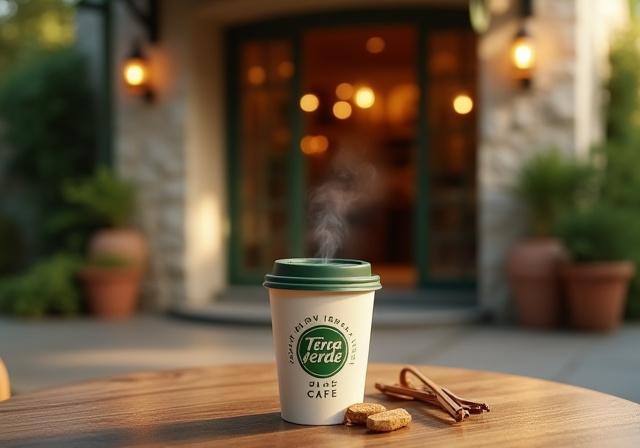 A beautifully designed coffee cup and storefront for Terra Verde Cafe