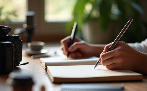 A person writing in a notebook with a camera and lighting equipment nearby